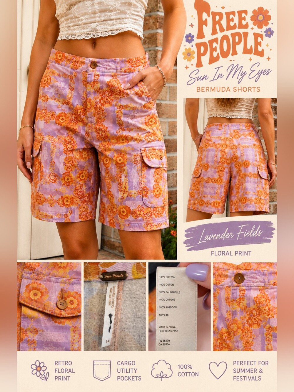 Free People "Sun In My Eyes" Bermuda Cargo Shorts Lavender Fields Floral Size 14